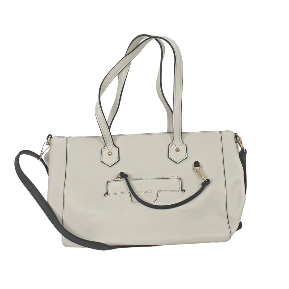 Gussaci Women's Large Tote Shoulder Handbag Minimalist Neutral Cream Black Trim - Picture 3 of 12